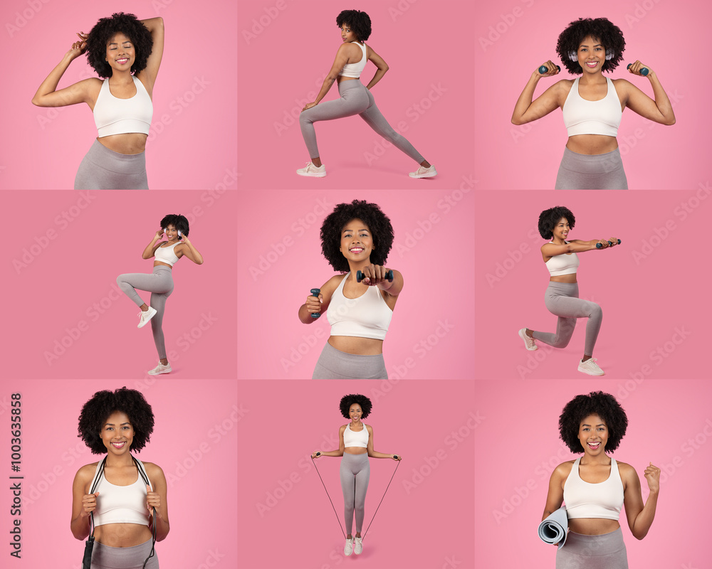 A fit black woman showcases different workout routines including lunges, jumps, and weightlifting against a playful pink background, promoting an active lifestyle with enthusiasm and determination. A fit black woman showcases different workout routines including lunges, jumps, and weightlifting against a playful pink background, promoting an active lifestyle with enthusiasm and determination.