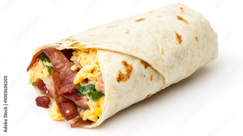 A breakfast burrito on solid white background, single object A breakfast burrito on solid white background, single object