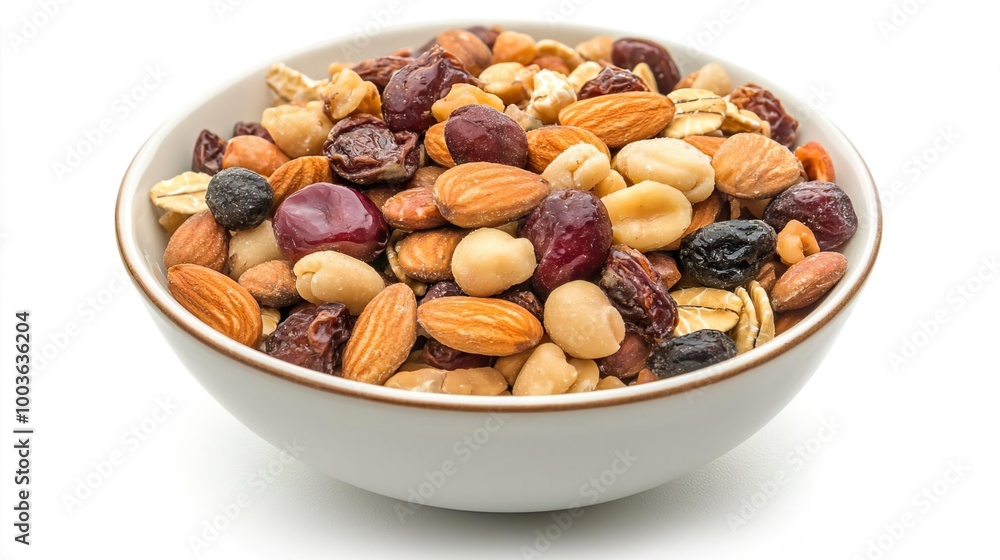A bowl of muesli with fruit on solid white background, single object A bowl of muesli with fruit on solid white background, single object