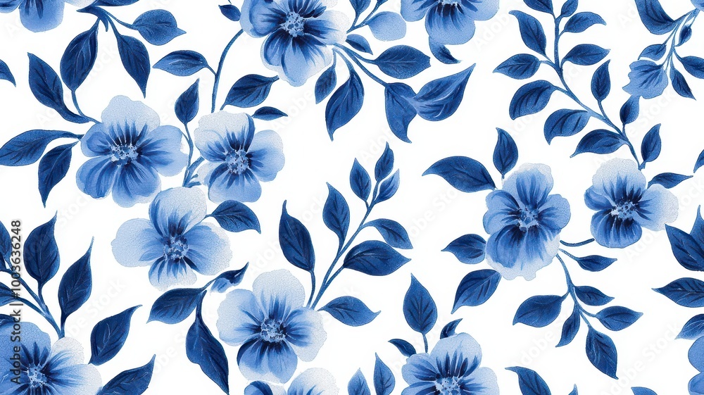 A seamless pattern of blue flowers and leaves on a white background, creating a visually appealing floral design. A seamless pattern of blue flowers and leaves on a white background, creating a visually appealing floral design.