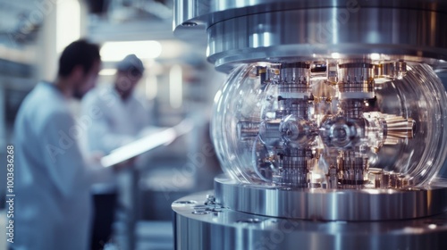 Close-up shot of a fusion reactor prototype with intricate details of its structure, while scientists