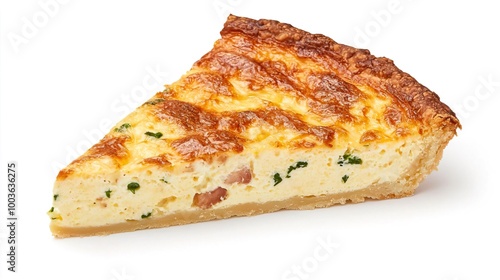 A breakfast quiche slice on solid white background, single object