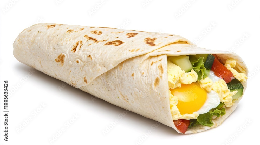 A breakfast wrap with eggs and veggies on solid white background, single object A breakfast wrap with eggs and veggies on solid white background, single object
