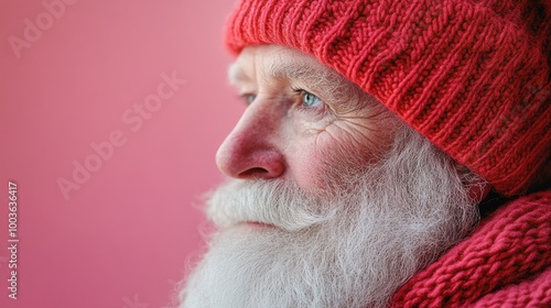 santa clauss half face in profile, pastel pink background, bright red hat and white beard, soft focus, calm and elegant composition. photo