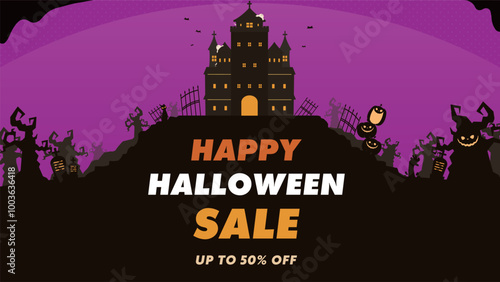 不気味な森とパンプキン、お化け屋敷で飾られたハロウィンのセール広告バナー背景テンプレート（紫）　Halloween sale ad banner background template decorated with a spooky forest, pumpkins, and a haunted house (purple)
