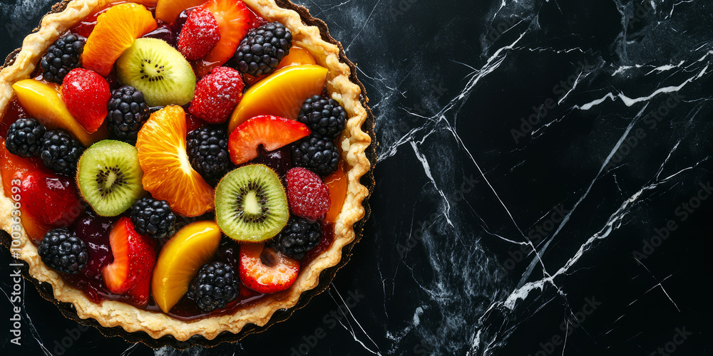 Colorful Fruit Tart on Elegant Black Surface Colorful Fruit Tart on Elegant Black Surface