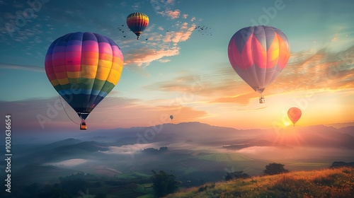 Beautiful view of hot air balloons soaring through the sky at sunrise over a mountainous landscape. The colors are vibrant and the atmosphere is serene and peaceful.