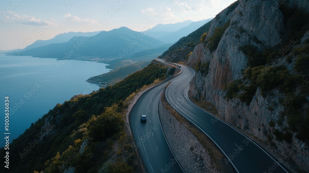 Fototapeta premium A scenic coastal road curves around mountains, overlooking a serene bay, capturing the essence of a picturesque drive.