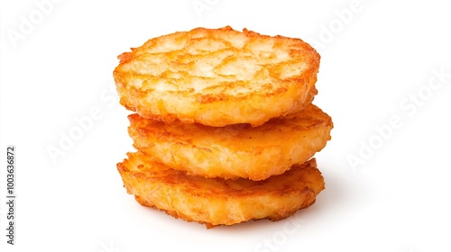 A serving of hash browns on solid white background, single object