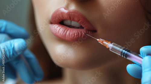 Lip filler injection with gloved hands enhancing glossy lips