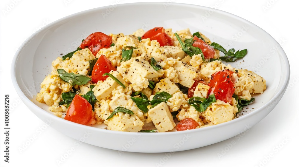 A serving of tofu scramble on solid white background, single object A serving of tofu scramble on solid white background, single object
