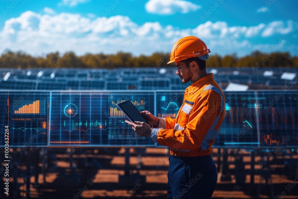 Very realistic and photographic photo of an engineer holding a tablet in front of a solar farm, surrounded by futuristic holographic displays showing detailed dashboard graphs and charts. The vibrant Very realistic and photographic photo of an engineer holding a tablet in front of a solar farm, surrounded by futuristic holographic displays showing detailed dashboard graphs and charts. The vibrant