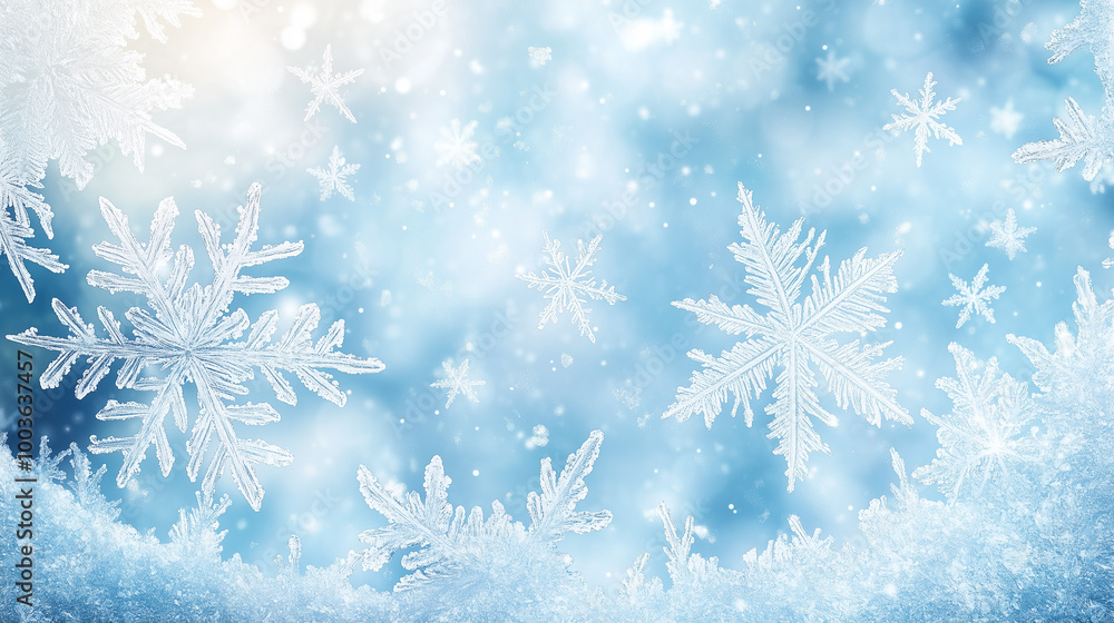 Frosted Window with Snowflakes in Winter Background Frosted Window with Snowflakes in Winter Background