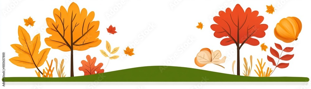 Naklejka premium Rolling hills covered in fall foliage flat design, side view, northern countryside theme, 3D render, Triadic color scheme