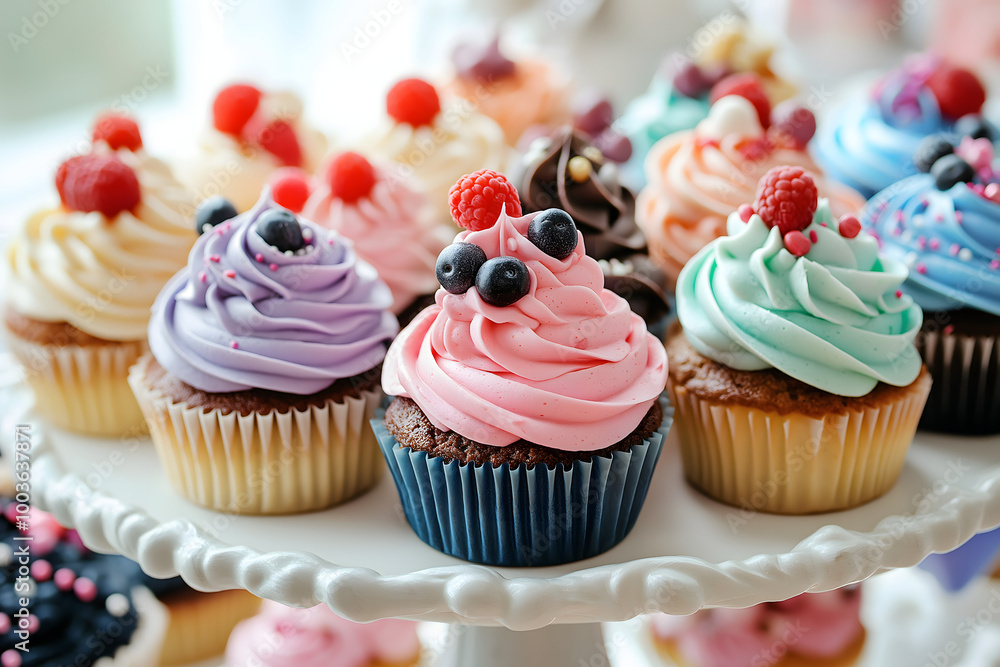 A selection of colorful cupcakes with various frostings and toppings, displayed on a decorative cake stand at a party A selection of colorful cupcakes with various frostings and toppings, displayed on a decorative cake stand at a party