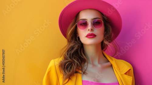 Fashionable woman in pink hat and sunglasses against a colorful background