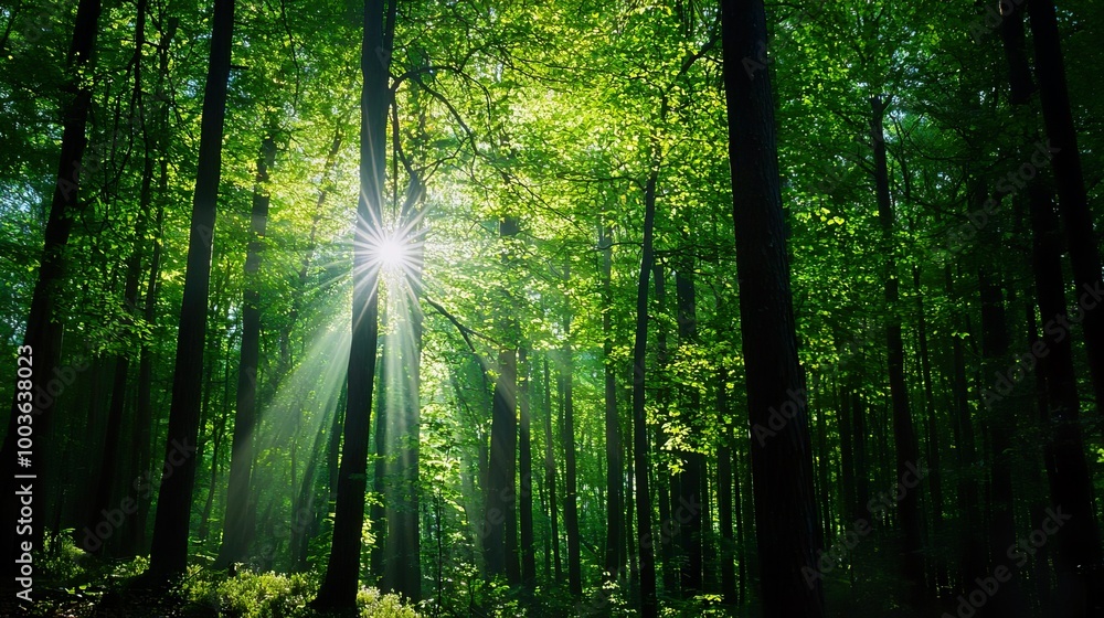 Obraz premium A serene forest scene with sunlight filtering through lush green trees, creating a peaceful and rejuvenating atmosphere.