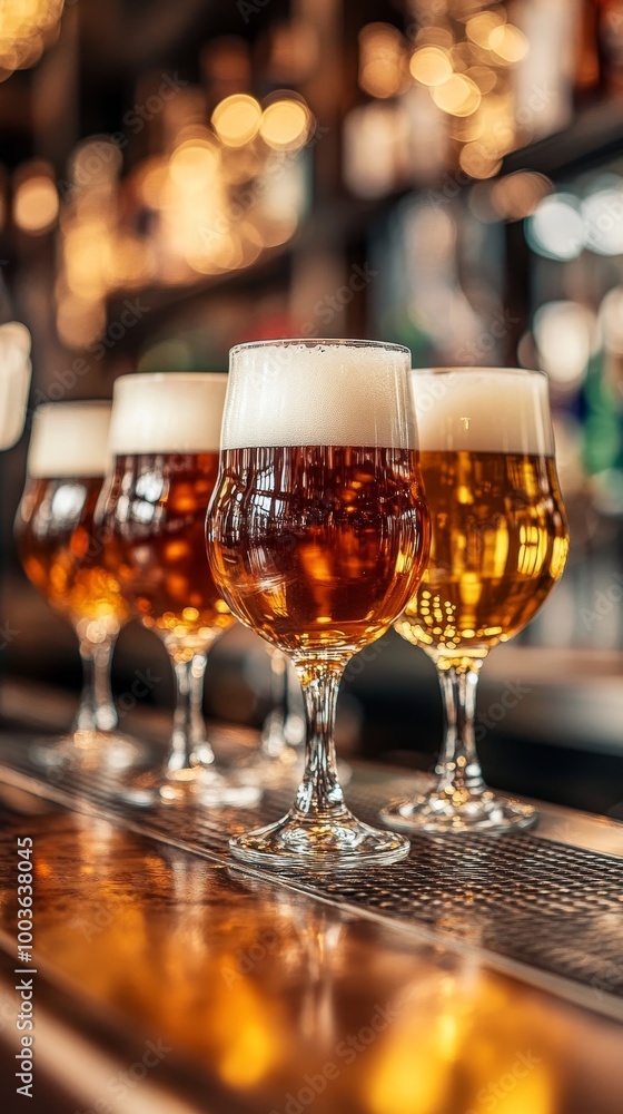 Craft beer in elegant glasses on a polished bar, showcasing rich colors and frothy tops during a lively evening gathering Craft beer in elegant glasses on a polished bar, showcasing rich colors and frothy tops during a lively evening gathering