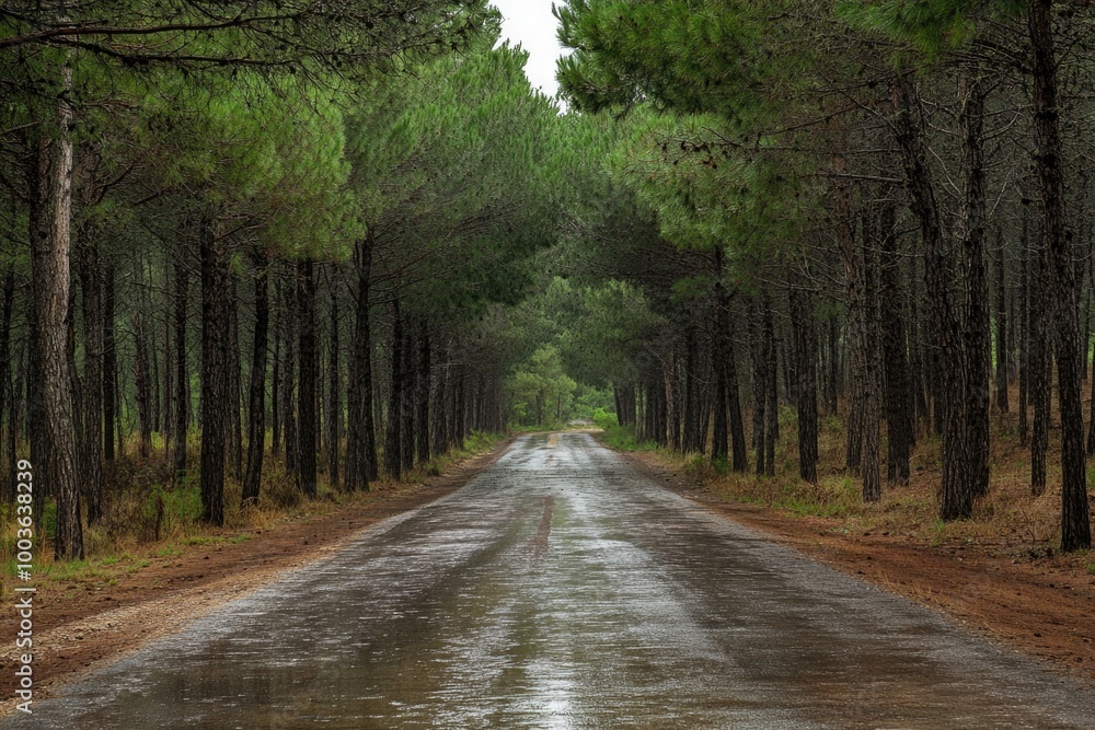 Fototapeta premium Quiet road after rain in pine forest, fresh and rejuvenating
