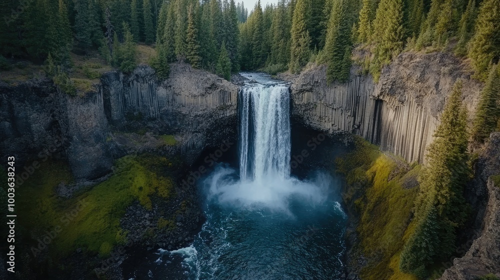 Fototapeta premium A drone shot of a dramatic waterfall flowing into a deep ravine, with rugged cliffs and dense forests surrounding the area.