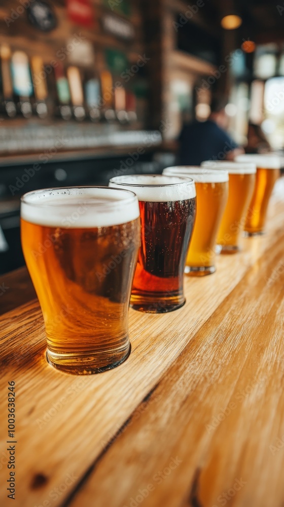 A flight of craft beers displayed on a wooden board at a cozy bar during the afternoon, showcasing various styles and colors A flight of craft beers displayed on a wooden board at a cozy bar during the afternoon, showcasing various styles and colors