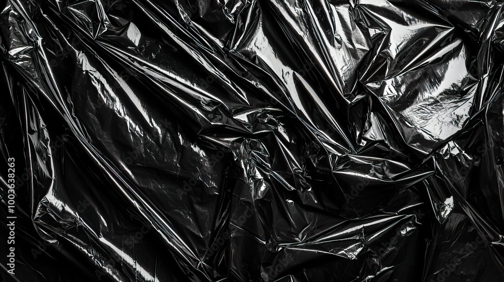 A close-up view of crumpled black plastic creating texture and depth, ideal for backgrounds and abstract designs. A close-up view of crumpled black plastic creating texture and depth, ideal for backgrounds and abstract designs.