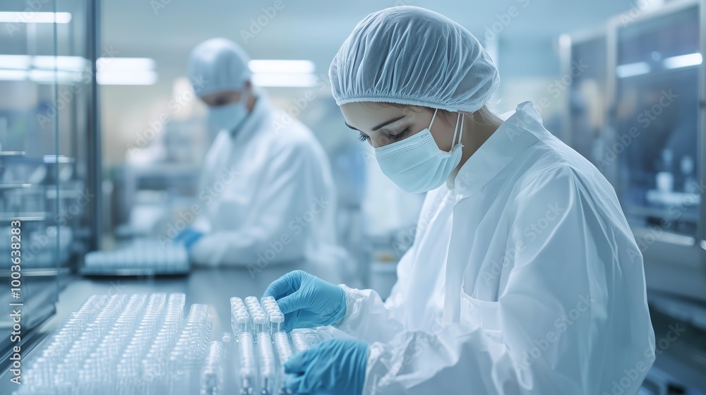 Laboratory technicians prepare samples in a sterile environment during research activity at a bioengineering facility Laboratory technicians prepare samples in a sterile environment during research activity at a bioengineering facility