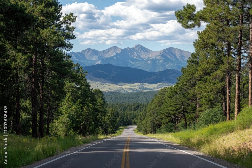 Fototapeta premium Road with a distant view of mountains, pine trees framing the scene, majestic and vast