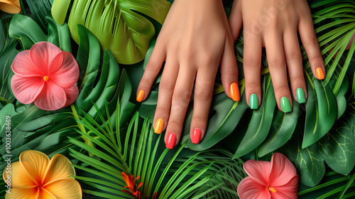 Colorful tropical manicure with bright nails and lush green leaves