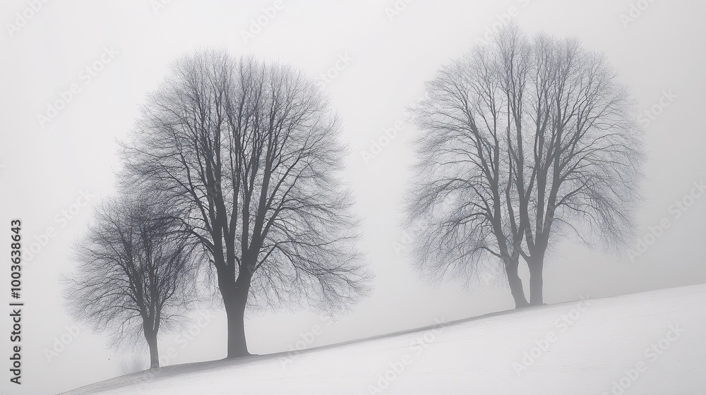 Fototapeta premium Winter landscape with trees, minimalistic, snow-covered ground, foggy, white background,
