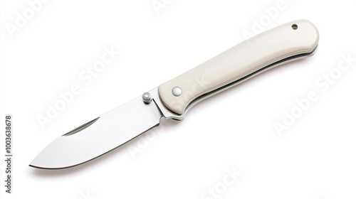 A folding pocket knife on solid white background, single object photo