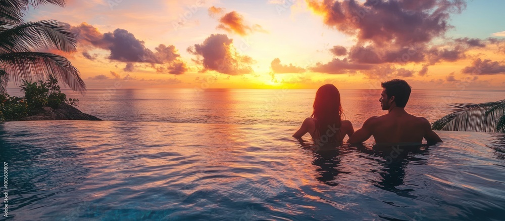 Silhouette of couple relaxing in infinity pool at sunset.