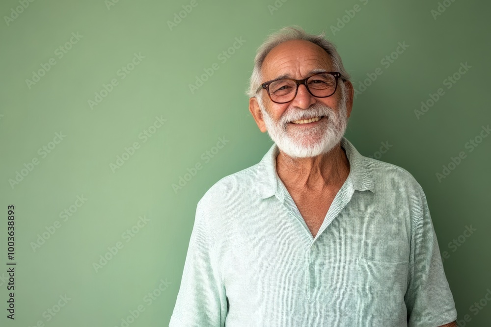 Elderly man, smiling broadly, standing in front of a solid light olive green background with room for text Elderly man, smiling broadly, standing in front of a solid light olive green background with room for text