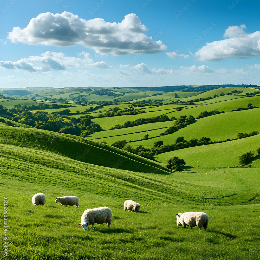 Fototapeta premium Sheep Grazing in a Lush Green Valley Photo