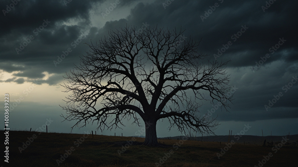 Fototapeta premium Dark and Gloomy Tree Silhouette Against Stormy Sky