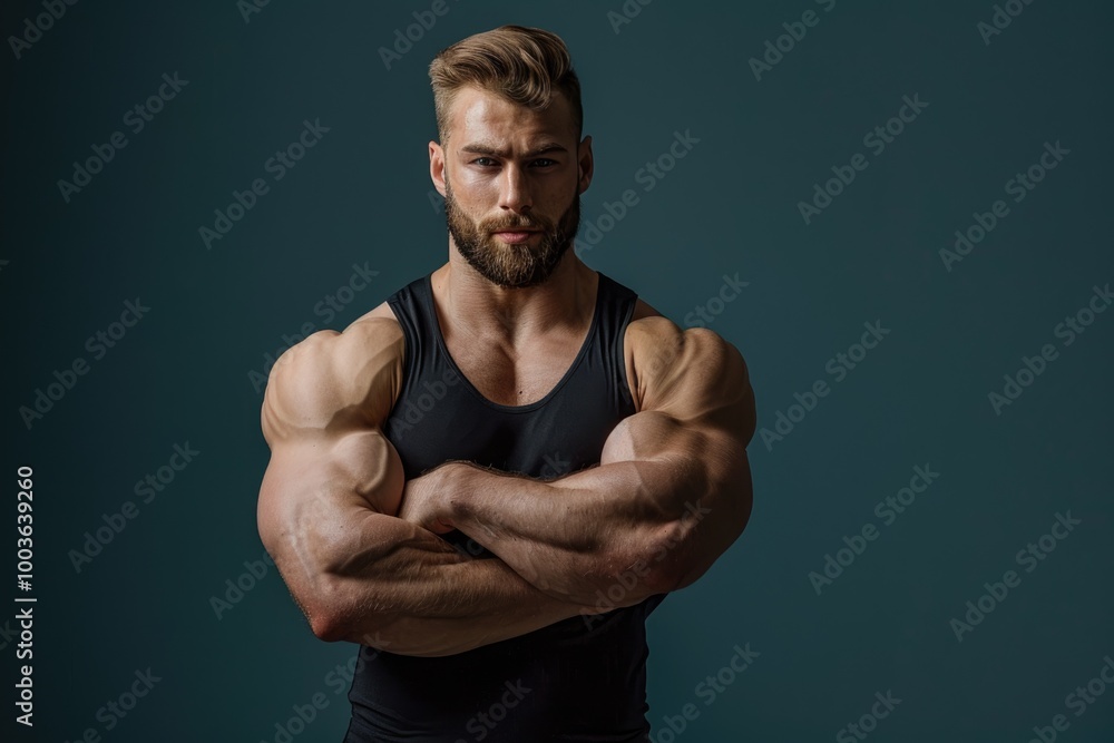 Muscular man confidently presenting with a solid color background, highlighting his fit physique and professional demeanor with strength and intelligence Muscular man confidently presenting with a solid color background, highlighting his fit physique and professional demeanor with strength and intelligence