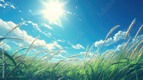 фотографія A field of wheat swaying in the wind under the bright midday sun, with a clear blue sky providing a striking contrast