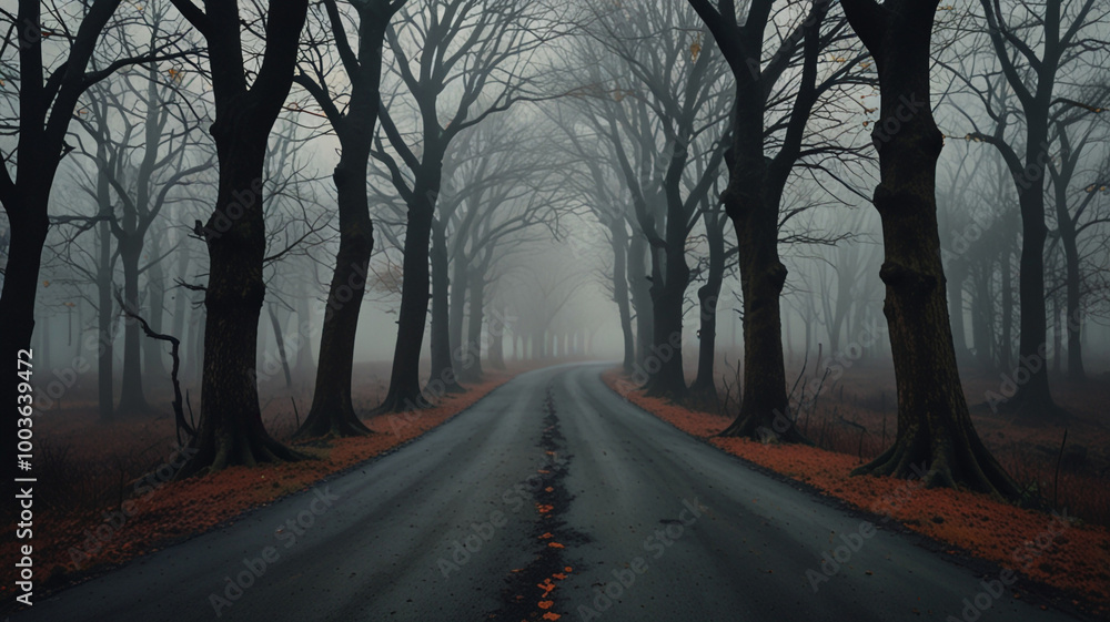 Misty Road Surrounded by Leafless Trees in Fog Misty Road Surrounded by Leafless Trees in Fog