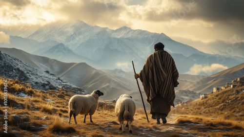 A shepherd in traditional attire walks with his staff alongside two sheep on a mountain ridge during sunset, with snowy mountains in the background