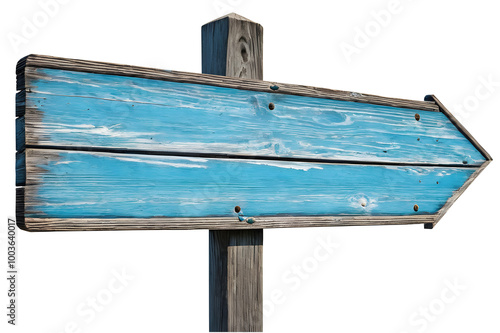 A  blue wooden signpost isolated on a transparent or white background. photo