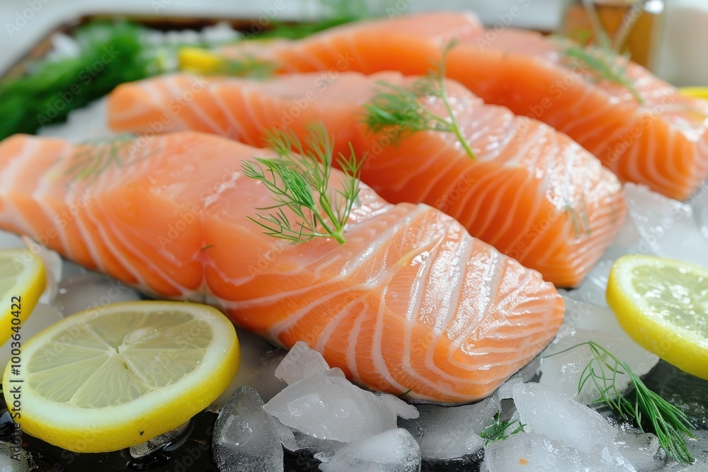 Fresh salmon fillets on ice with lemon slices and dill Fresh salmon fillets on ice with lemon slices and dill