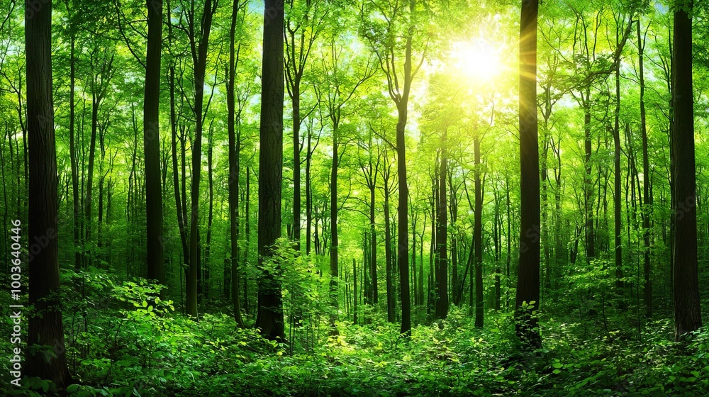 Wald Panorama mit Sonnenstrahlen. Wald Panorama mit Sonnenstrahlen.