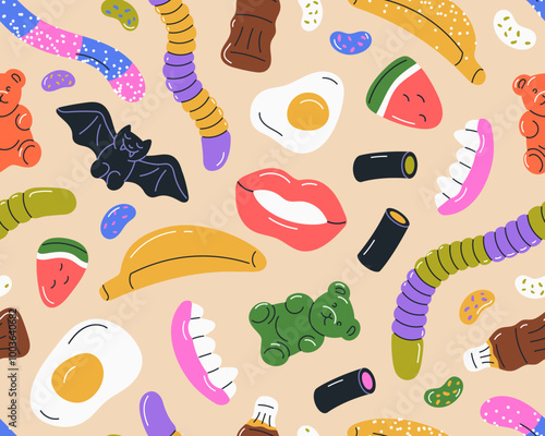 Gummy candies, seamless pattern. Jelly bears, eggs, worms, claws, lips, endless background, texture. Chewy sweets, gums, repeating print for wrapping, textile design. Colored flat vector illustration
