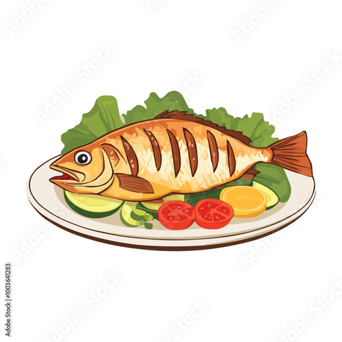 A plate of fried fish with vegetables Vector