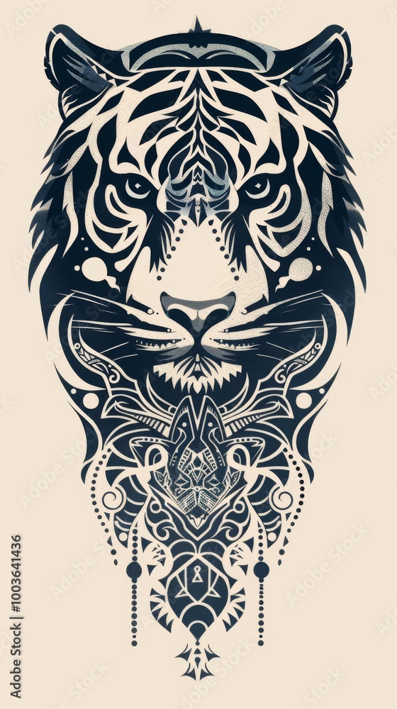 Silhouette of a tiger head featuring intricate tribal ornaments. Silhouette of a tiger head featuring intricate tribal ornaments.