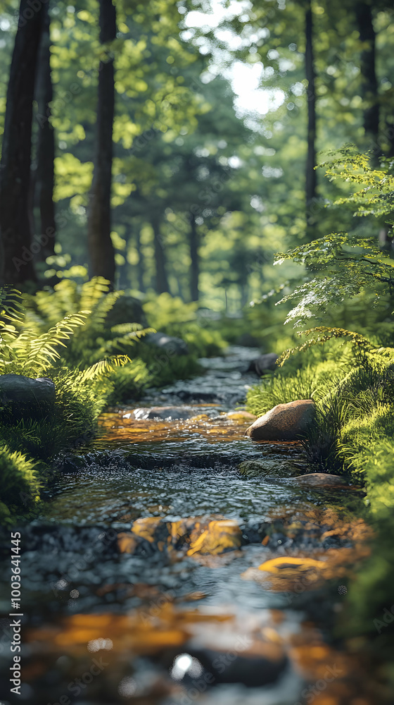 Fototapeta premium Serene Creek Flowing Through Lush Green Forest - Realistic Illustration