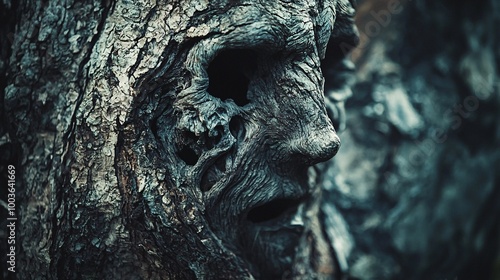 A haunting close-up captures a gnarled tree, its bark intertwining with shadowy, human-like faces lurking within.