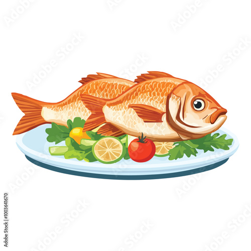 A plate of fried fish with vegetables Vector
