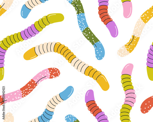 Seamless pattern, gummy worms, jelly candies. Sweet chewy confectionery, gum treats, snacks, repeating print. Endless background design for wrapping, fabric, textile. Colored flat vector illustration