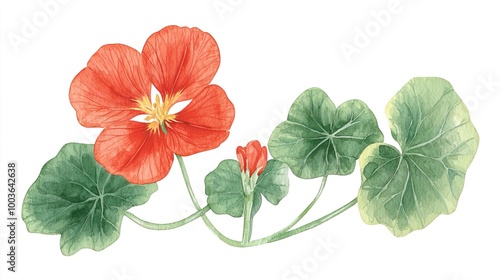 Watercolor clipart of a single nasturtium, isolate on white background